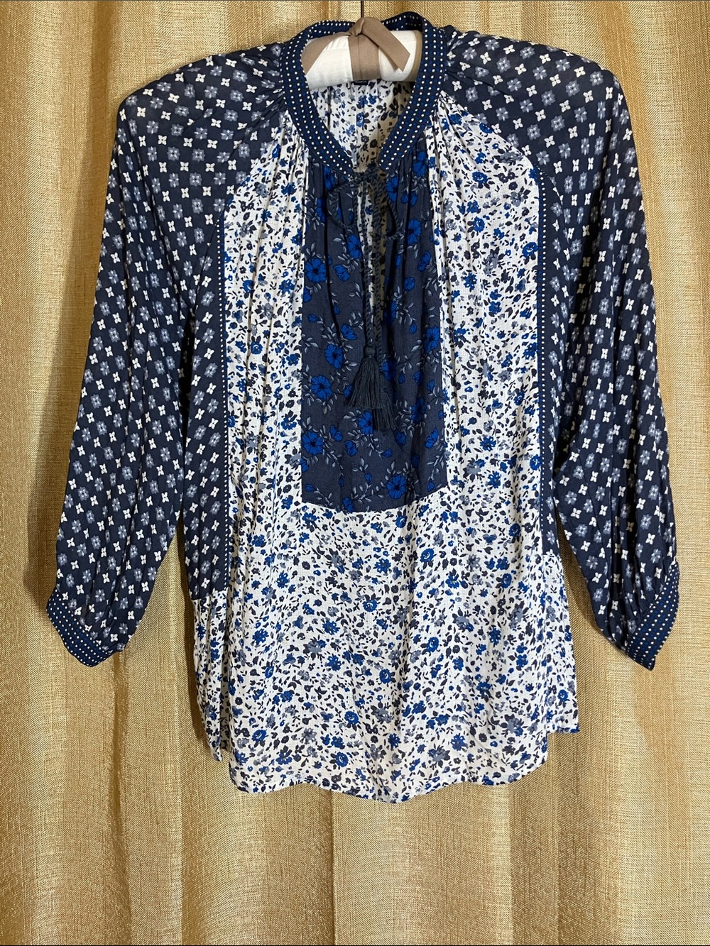 Lucky Brand Navy and White Mixed Floral Peasant Tunic